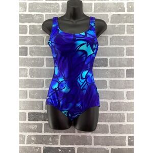 Speedo Womens One Piece Swimsuit Blue Teal Abstract Print Athletic Swim Size 10